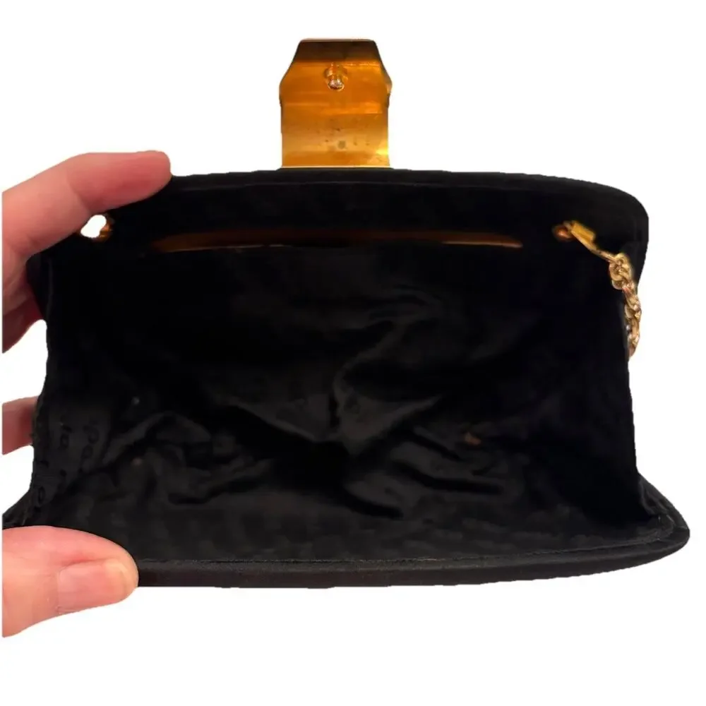 RODO Italy Satin Black Hard Shell Gold Chain Handbag Clutch Rhinestone Clasp EUC